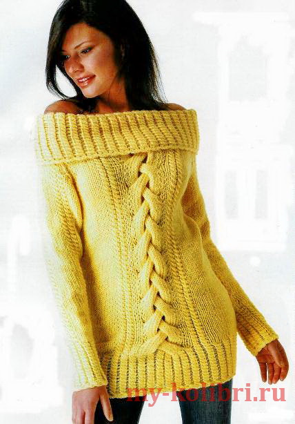 Длинный свитер спицами с косой из отдельных полос