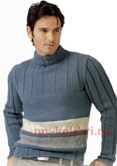 Мужской свитер спицами с высоким воротником
